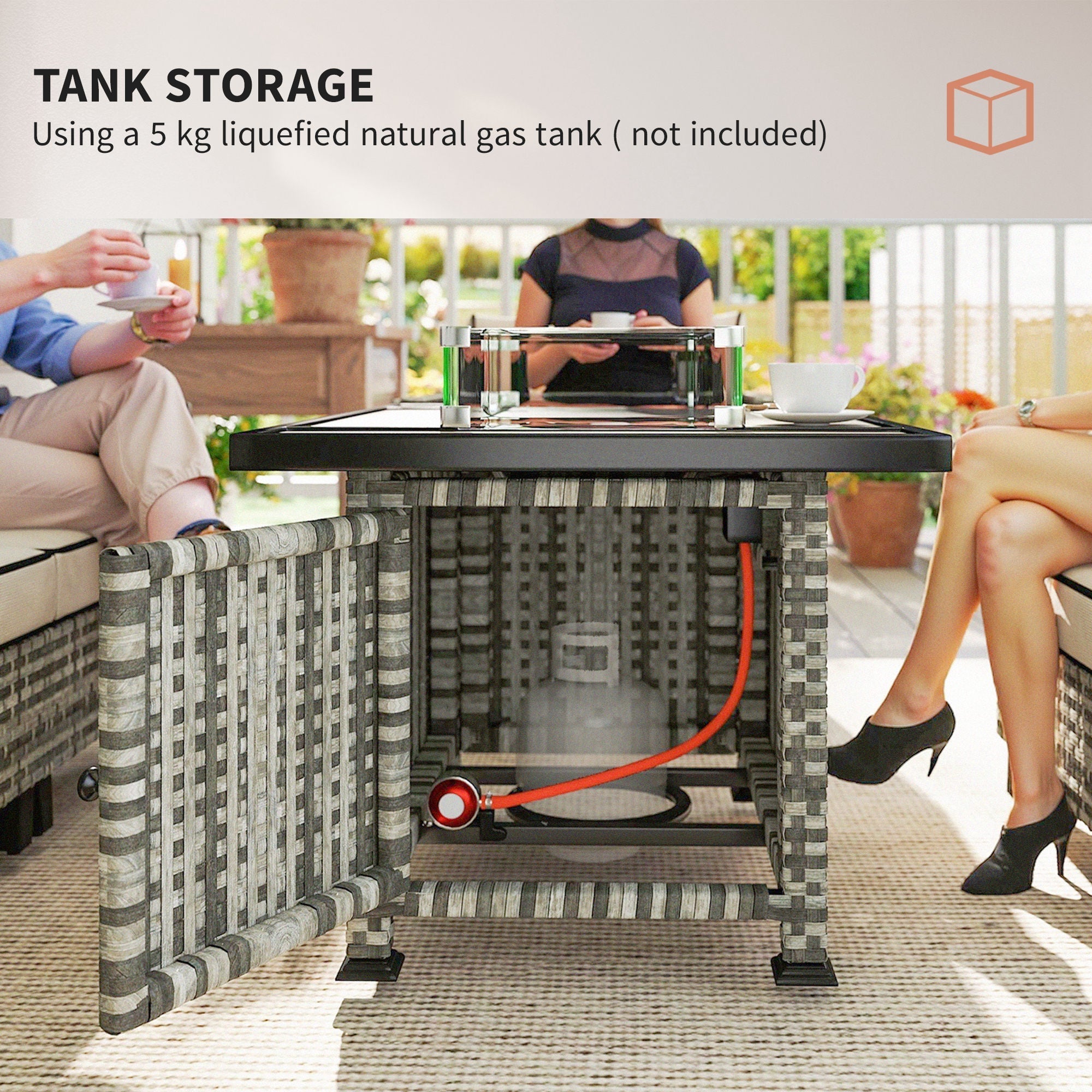 Outsunny 5-Piece Rattan Patio Furniture Set with Gas Fire Pit Table, Loveseat Sofa, Armchairs, Cushions, Pillows, Grey