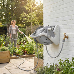 Outsunny Portable Garden Hose Reel, 20+2 m Wall Mounted Hose Reel with 2 Patterns Spray Nozzle and Crank Handle, Grey