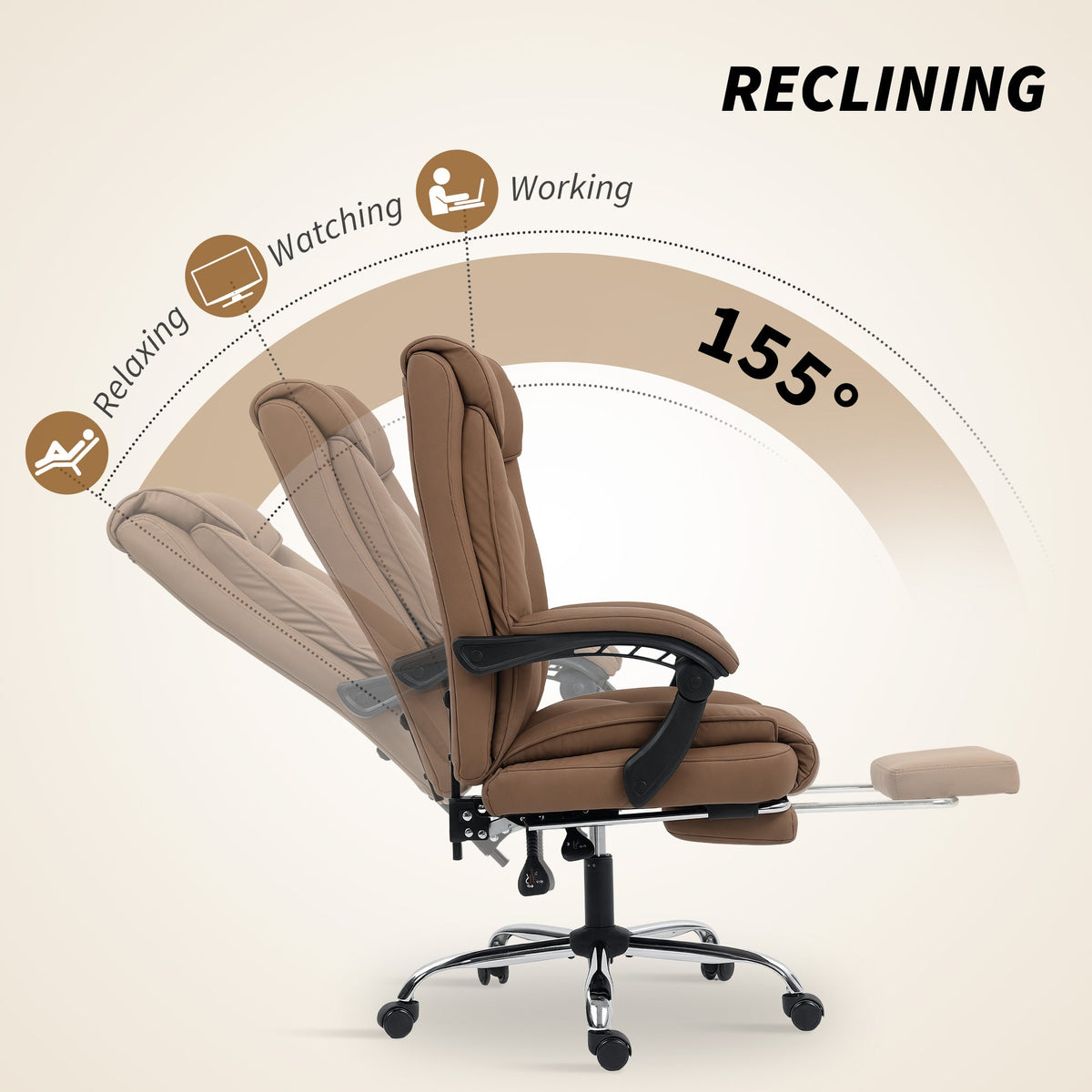 HOMCOM 155° Reclining Faux Leather Swivel Office Chair - Brown