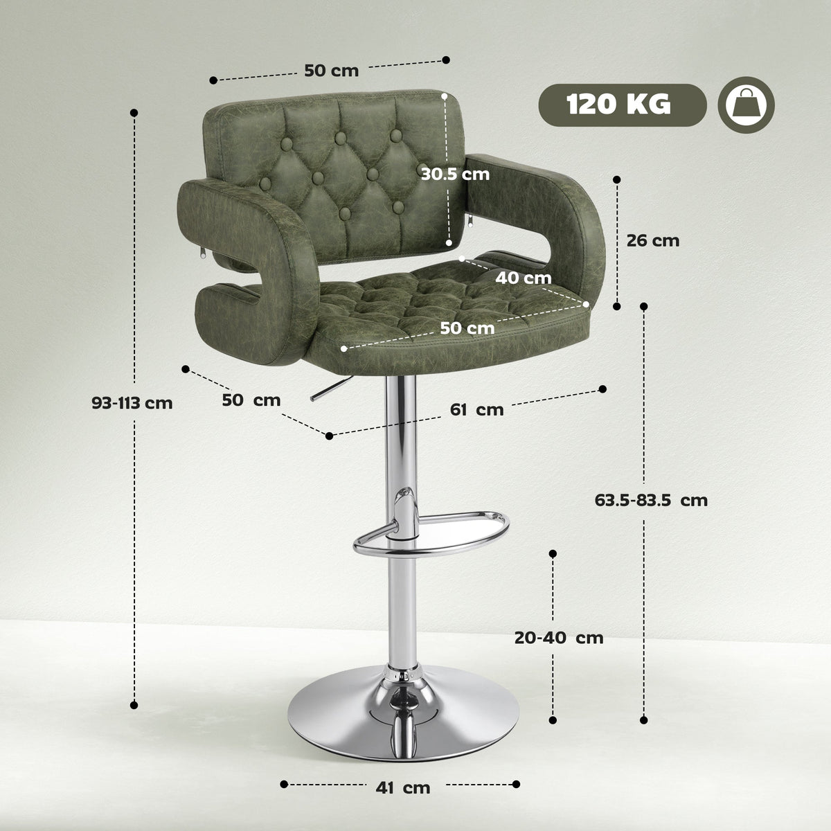 HOMCOM PU Leather Upholstered Swivel Bar Stool, Height Adjustable with Back, Armrest, Footrest, Green
