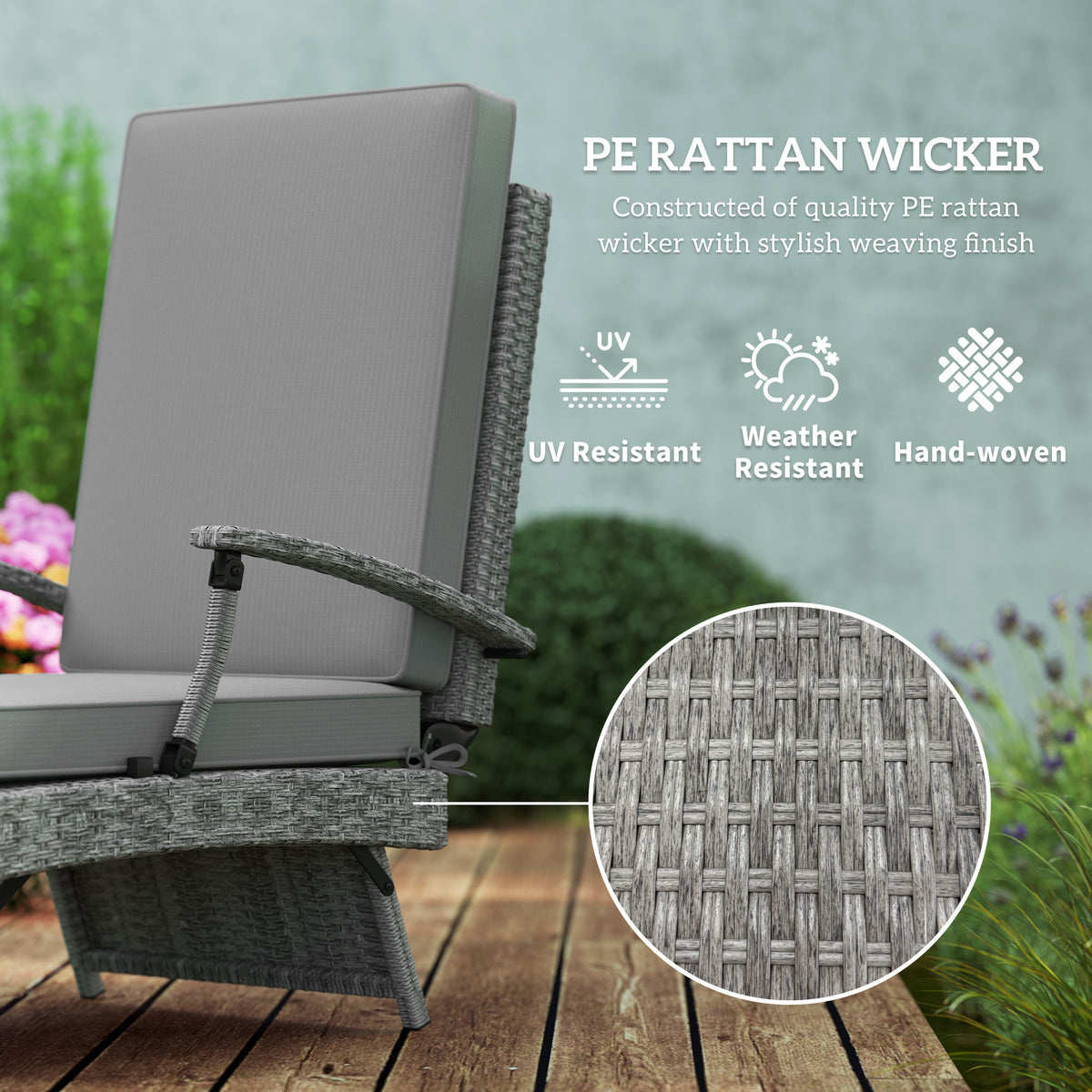 Outsunny 80° Reclining Rattan Lounger - Grey