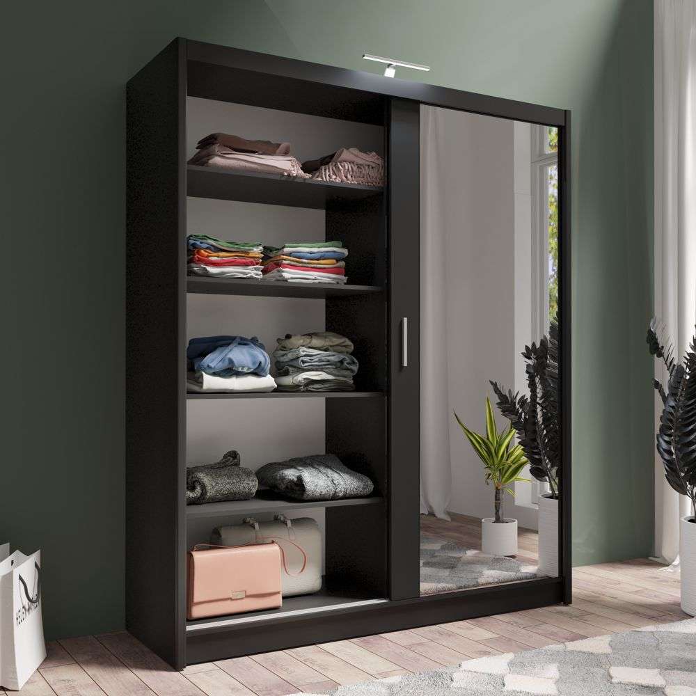 Black Full Mirrored Sliding Door Wardrobe 180cm – ALDRIDGE