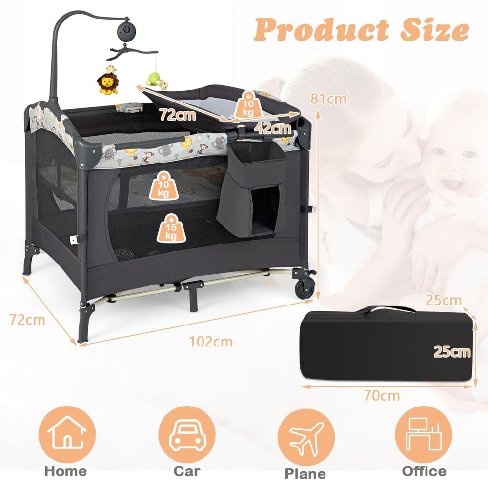 The travel cot showing dimensions and a carry bag for transport in a home or office setting