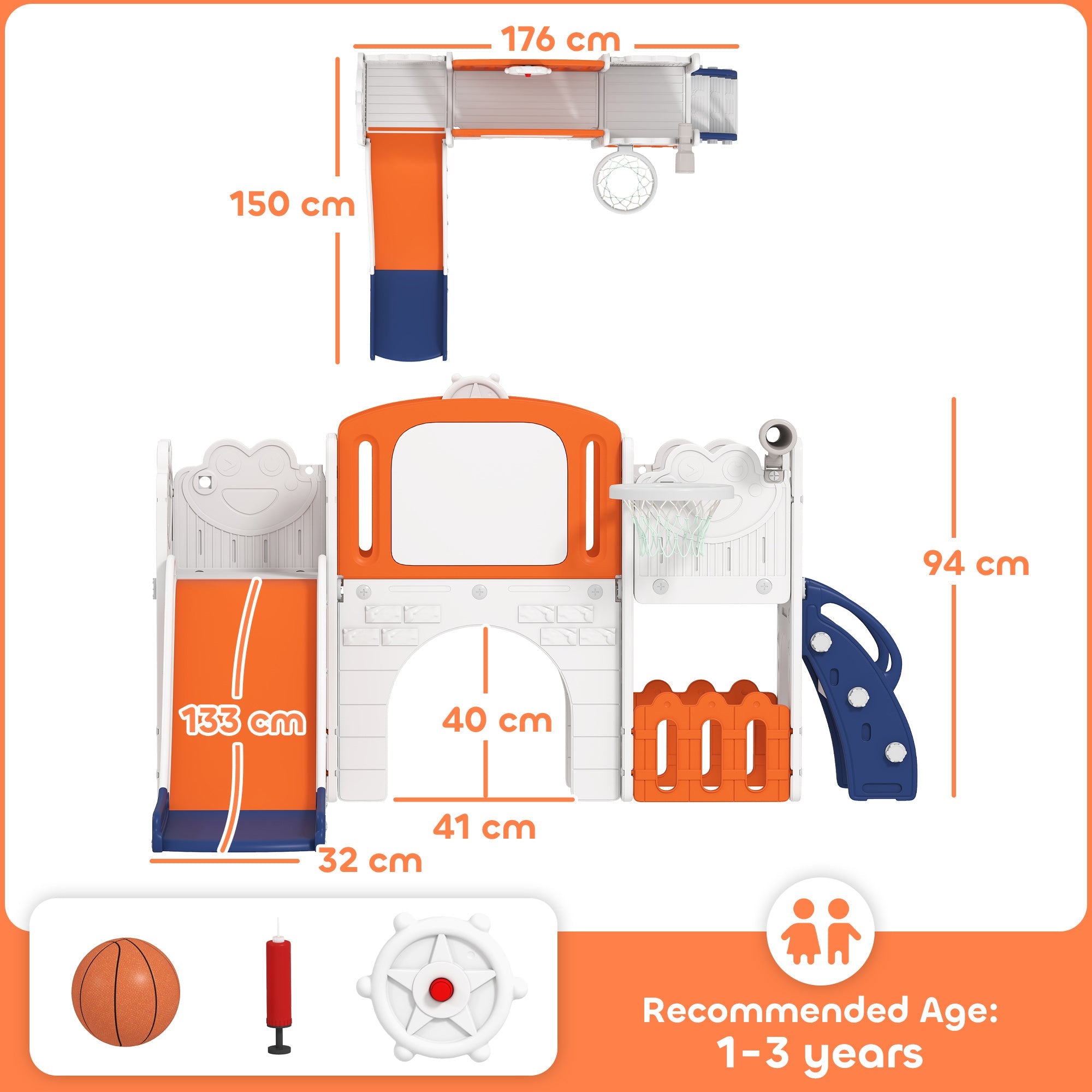 AIYAPLAY 7 in 1 Toddler Slide Set with Basketball Hoop, Climbing Frame, Telescope, Drawing Board, Storage Box, Orange