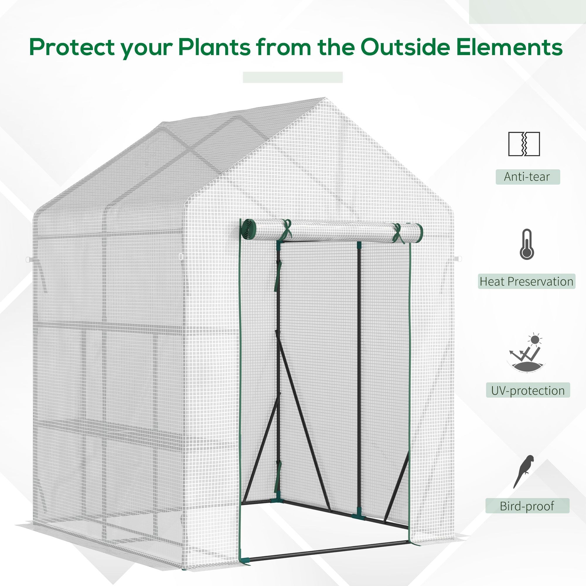 Outsunny Walk In Greenhouse with 2 Tier Shelf, Portable Gardening Plant Grow House Tomato Greenhouse with Roll up Zip Panel Door, Reinforced PE Cover, 143 x 143 x 195cm, Green
