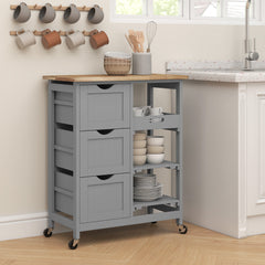 HOMCOM Rolling Kitchen Island Cart, Bar Serving Cart, Compact Trolley on Wheels with Wood Top, Shelves & Drawers, Grey