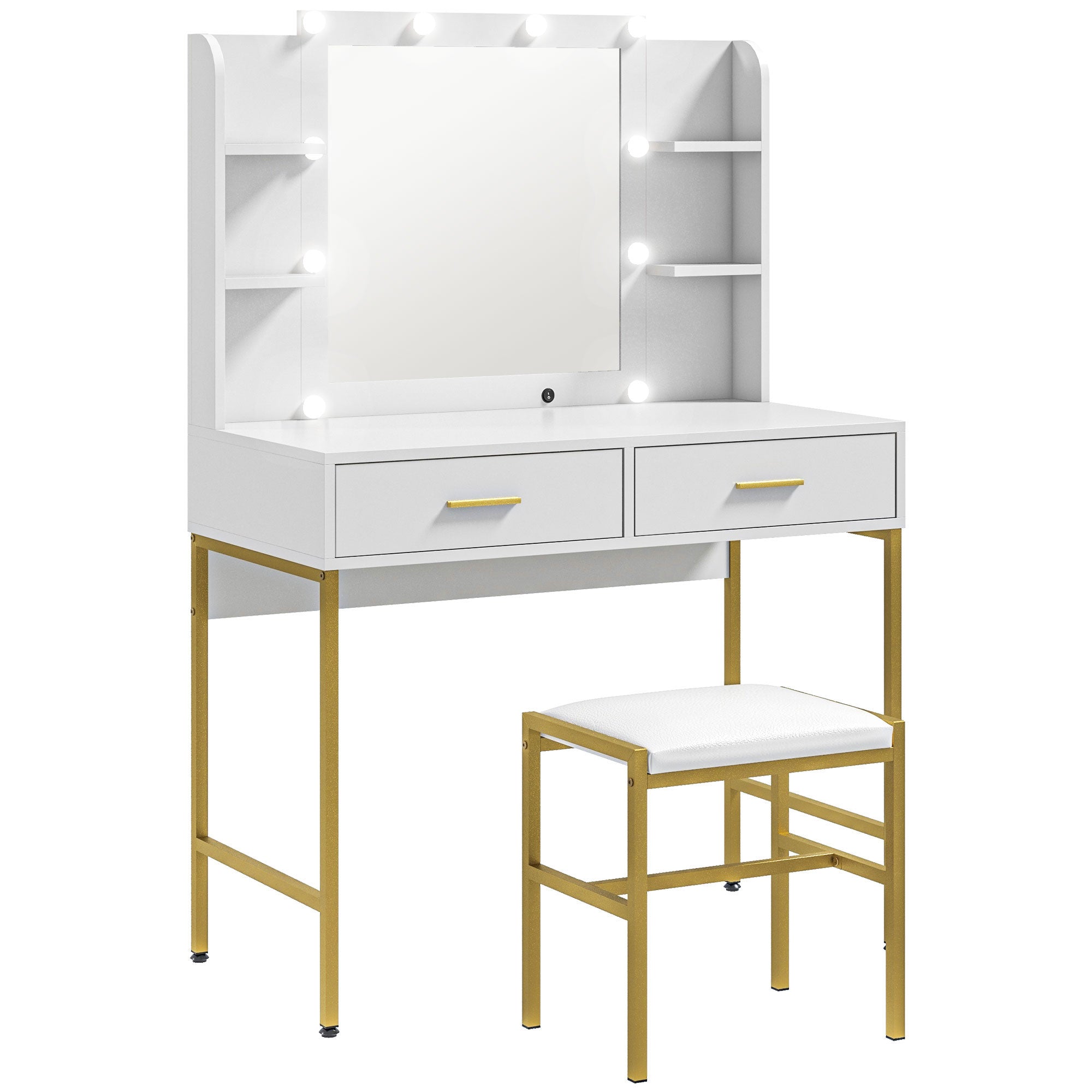 HOMCOM Dressing Table with Lighted Mirror, Cushioned Stool, Drawers, Shelves, LED Makeup Vanity Desk Set, Modern Dresser Vanity Table for Bedroom, White