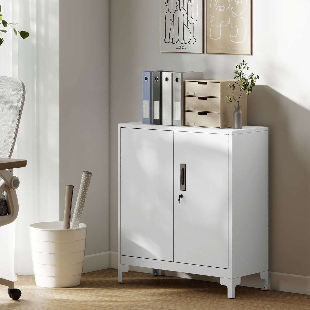 HOMCOM Lockable Metal Filing Cabinet, 2-Tier Storage Cupboard with Double Doors, Modern Office Organiser, White