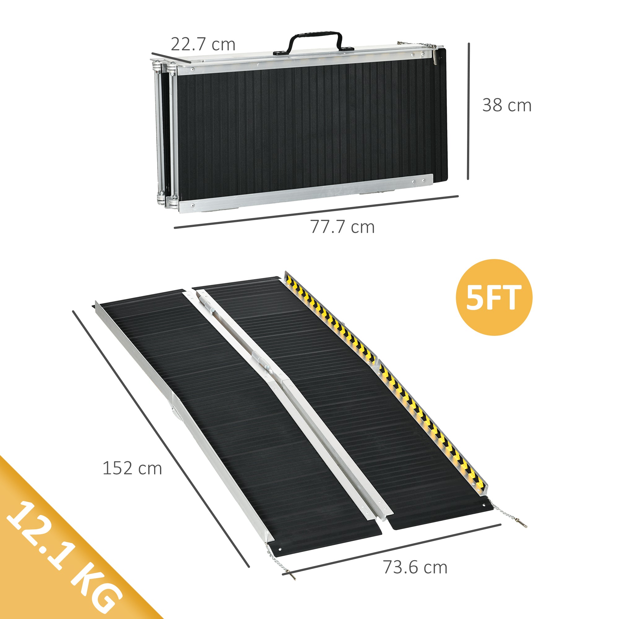 HOMCOM Wheelchair Ramp, 152L x 73Wcm, 272KG Capacity, Folding Aluminium Threshold Ramp with Non-Skid Surface, Transition Plates Above and Below for Home, Steps, Stairs, Curbs, Doorways