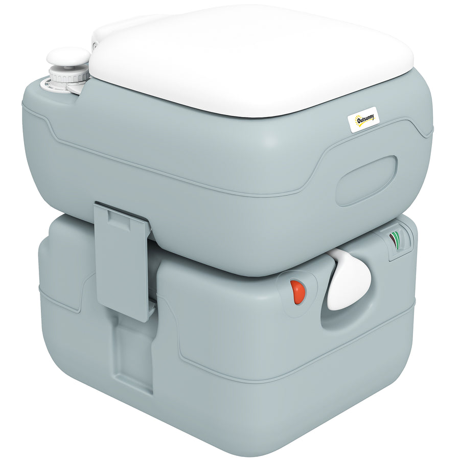 Outsunny Portable Toilet for Adults, 22L Camping Toilet with Seat, Lid and Anti-Leak Handle Pump, Outdoor Travel Toilet with Detachable Tanks for Camping, Boating, Hiking, Travel, RV, Grey