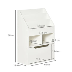 HOMCOM Kids Bookshelf, Toy Organiser, with Storage Drawer, Wheels - White