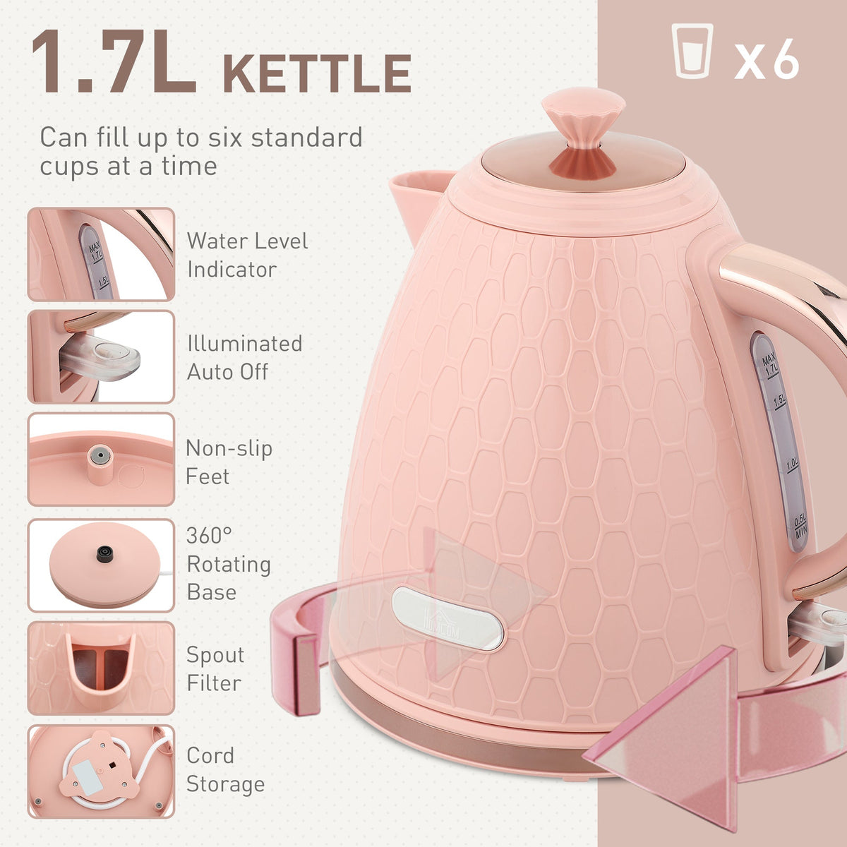 HOMCOM 1.7L 3000W Fast Boil Kettle & 2 Slice Toaster Set, Kettle and Toaster Set with Auto Shut Off, Browning Controls, Light Pink