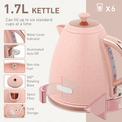 HOMCOM 1.7L 3000W Fast Boil Kettle & 2 Slice Toaster Set, Kettle and Toaster Set with Auto Shut Off, Browning Controls, Light Pink