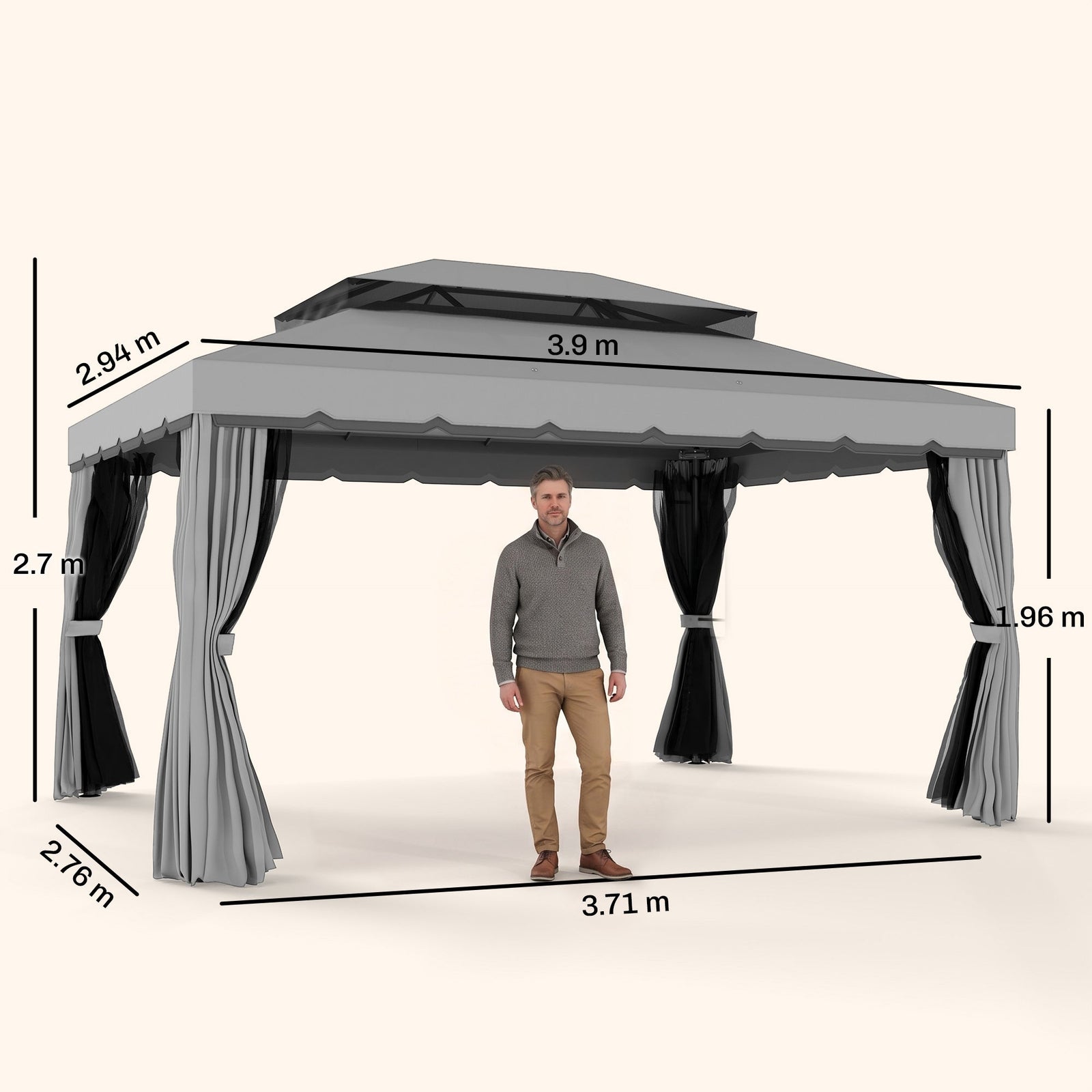 Outsunny 3 x 4m Aluminium Garden Gazebo, Marquee Canopy Shelter Pavilion Party Tent with Nets and Curtains for Garden and Deck, Light Grey