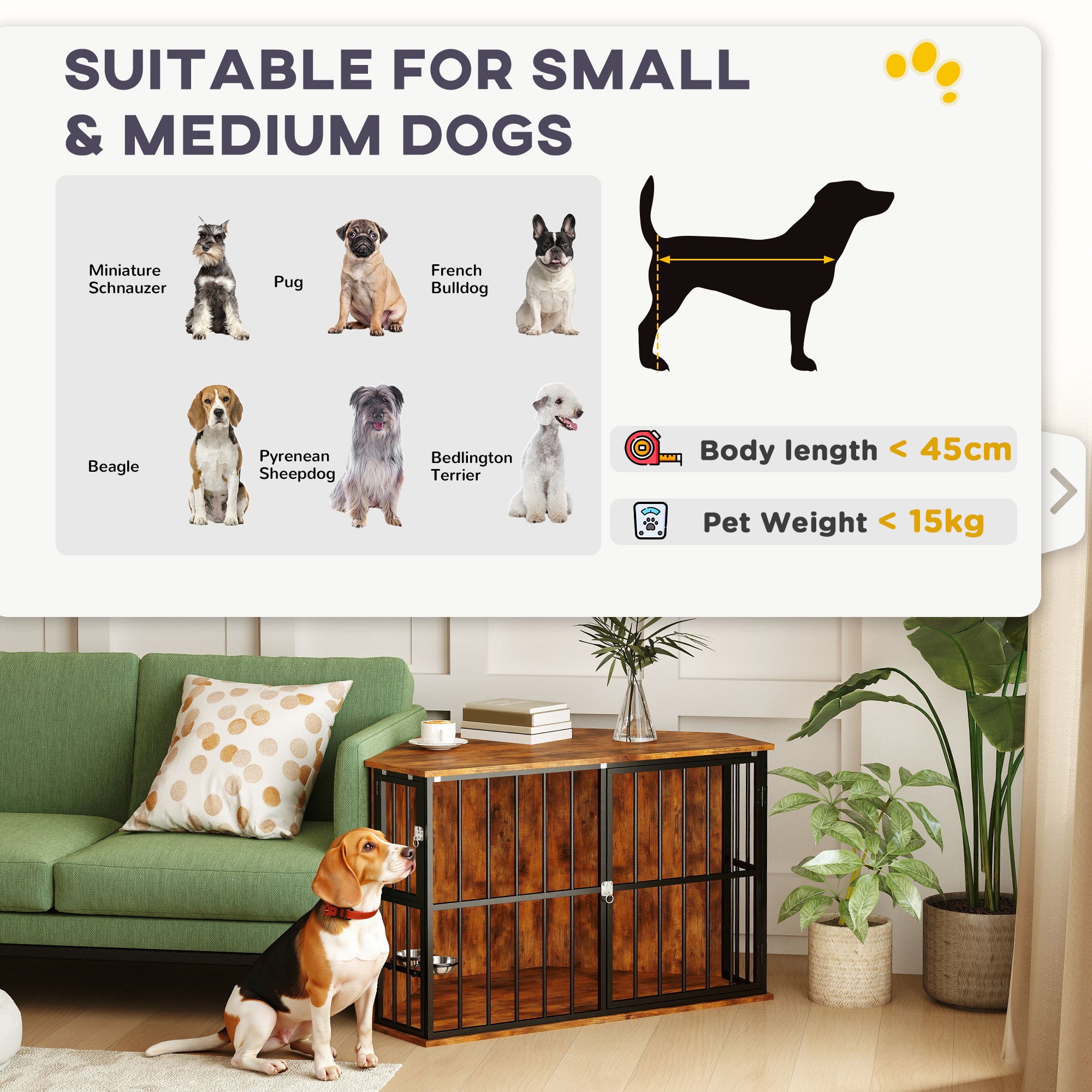 PawHut Corner Dog Crate Furniture with Two Bowls, Lockable Doors, for Small, Medium Dogs, Rustic Brown