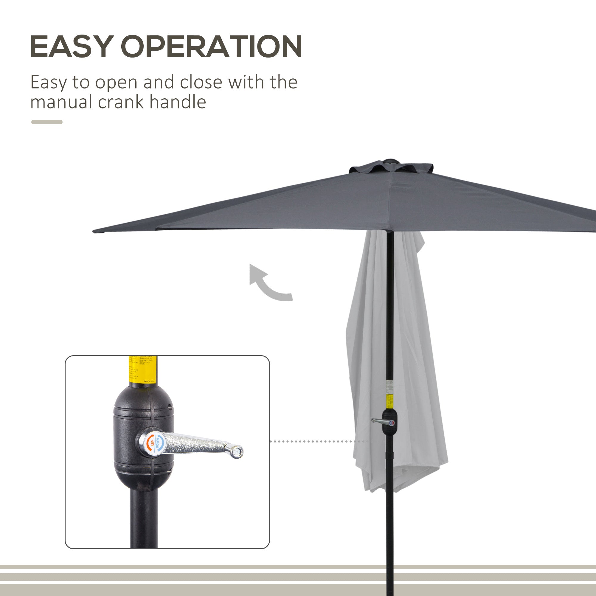 Outsunny 3(m) Half Parasol Semi Round Umbrella Patio Metal Frame Crank Handle for Balcony-- NO BASE INCLUDED, Grey