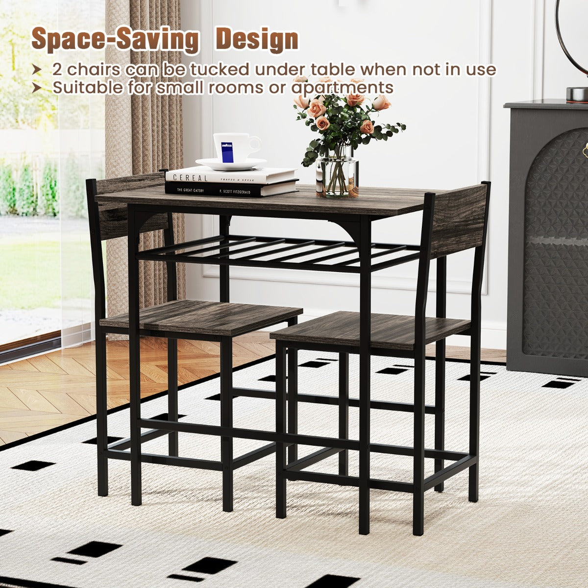 Dining Table Set for 2 with Metal Frame and Storage Rack-Grey
