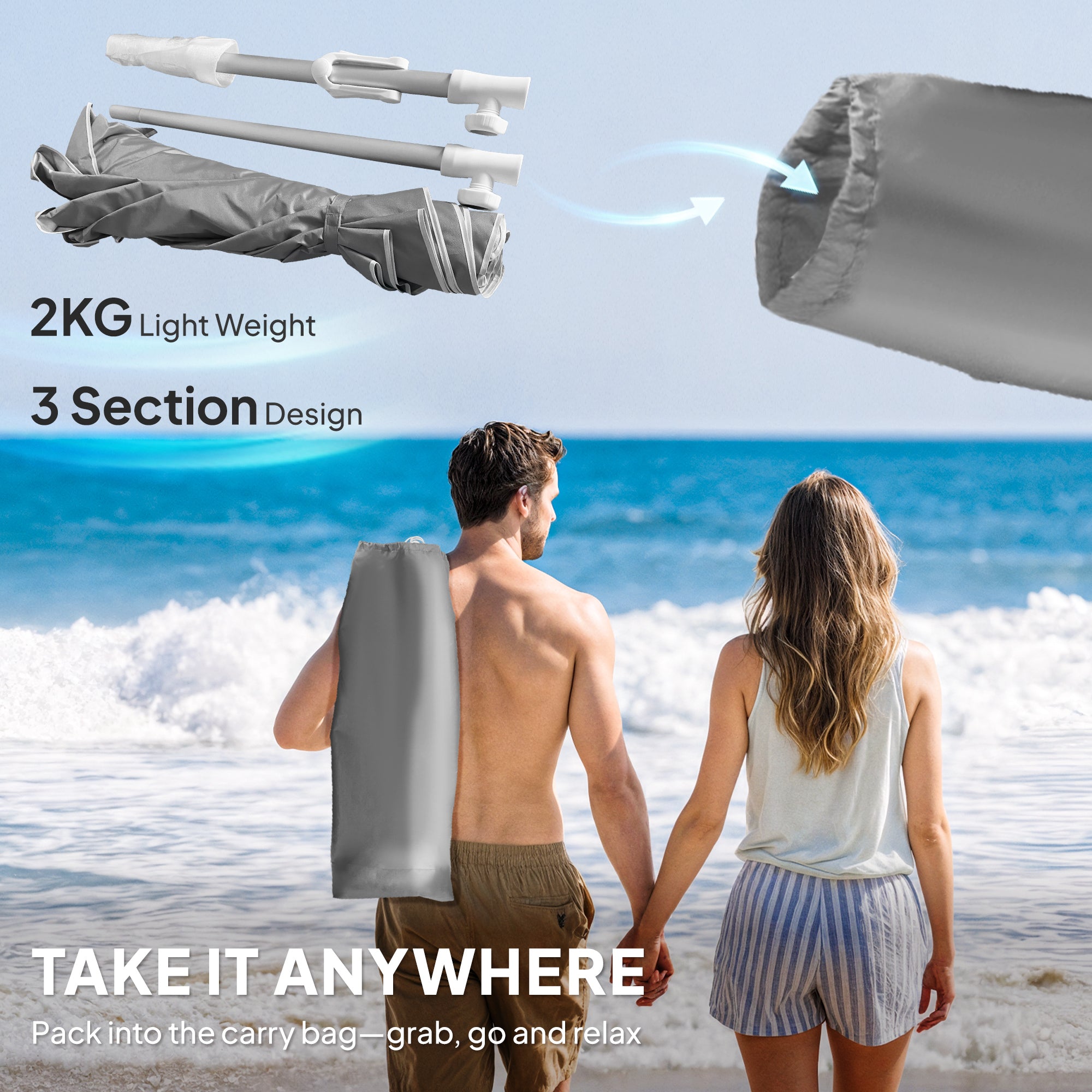 Outsunny Beach Umbrella Portable with Sand Anchor, Carry Bag, Adjustable Height & Tilt, UPF50+ UV Protection, Grey