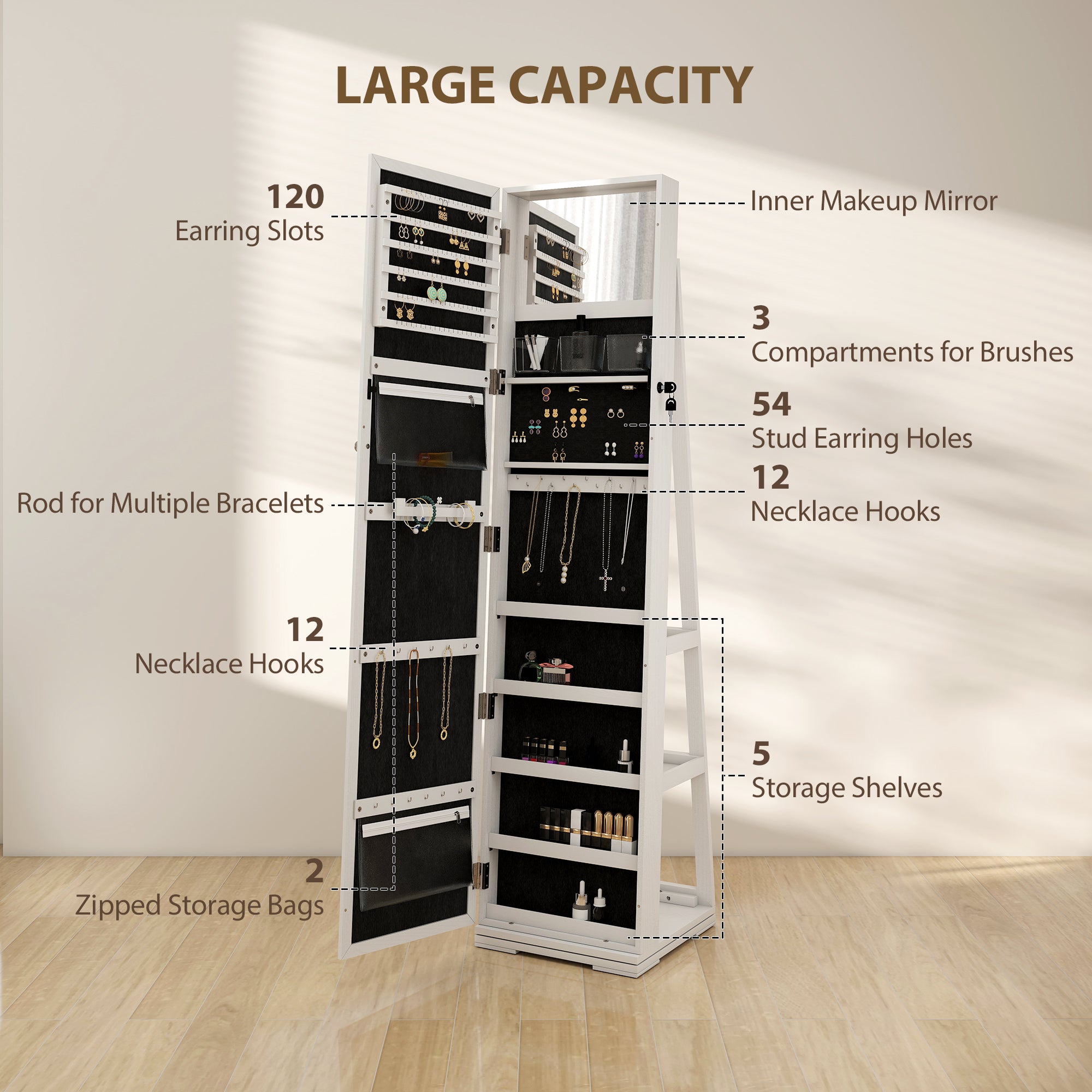 HOMCOM 360√Ç¬∞ Swivel Jewellery Cabinet, Free Standing Full Length Mirror with Storage, Lockable Jewellery Organiser with Built-in Makeup Mirror and Storage Shelves for Bedroom, White