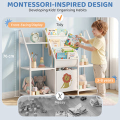 AIYAPLAY Kids Bookshelf and Toy Storage with 3-Tier Sling Book Rack and Fabric Drawer for Nursery, Bedroom, Playroom, White