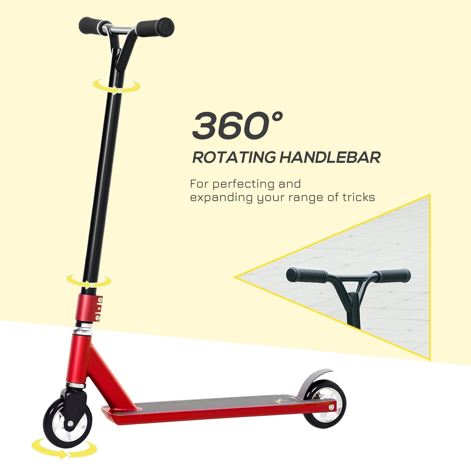 HOMCOM Stunt Scooter, 360 Entry Level Tricks Scooter w/ Lightweight Aluminium Deck and ABEC 7 Bearing, For Age 14+ Beginners, Red