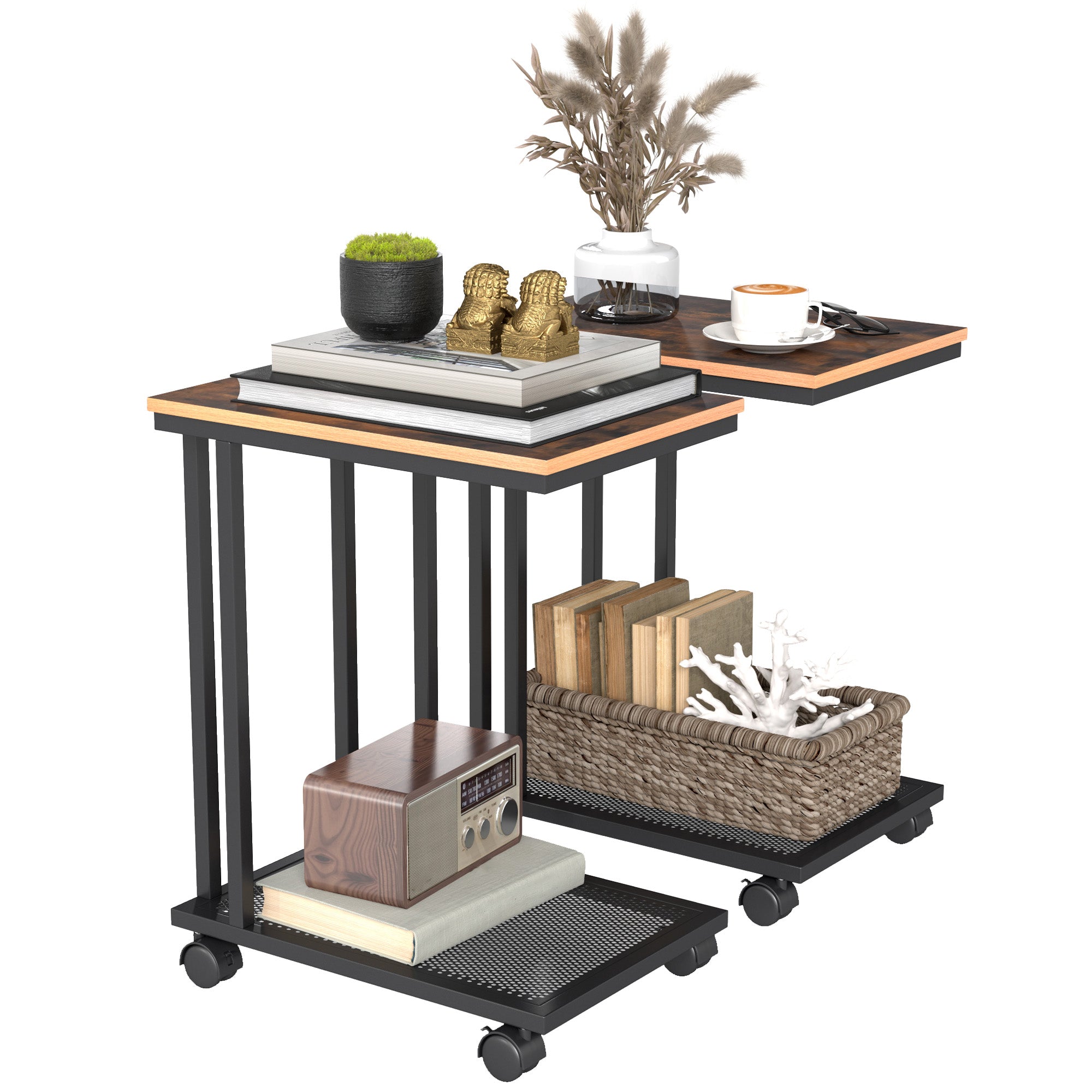 HOMCOM C Shaped Side Table Set of 2 with Wheels, Mobile End Table, Laptop Stand with Metal Frame and Storage Shelf, Rustic Brown