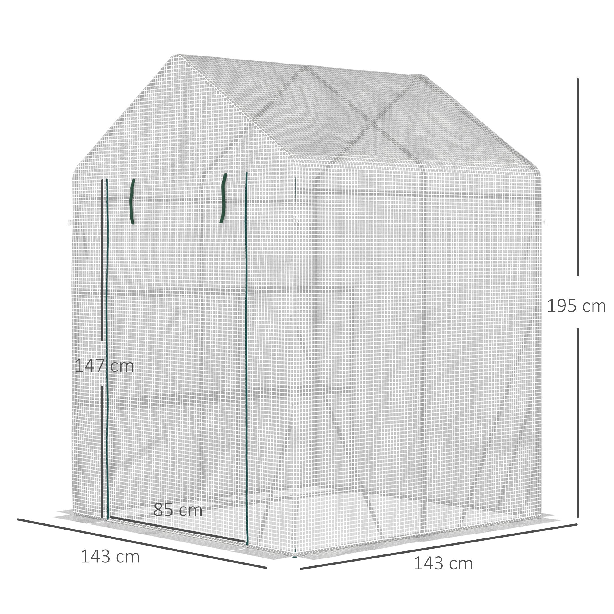 Outsunny Walk In Greenhouse with 2 Tier Shelf, Portable Gardening Plant Grow House Tomato Greenhouse with Roll up Zip Panel Door, Reinforced PE Cover, 143 x 143 x 195cm, Green