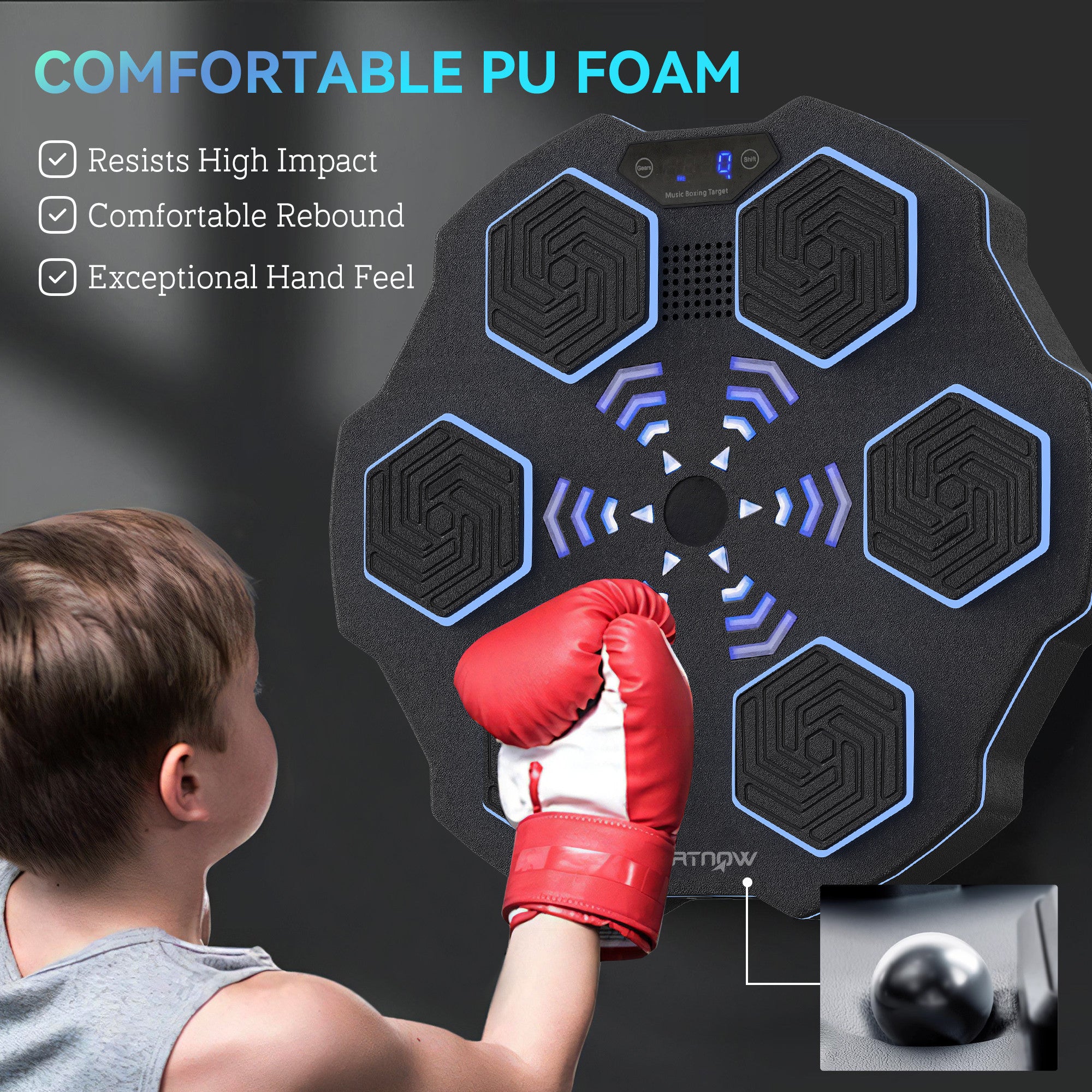 SPORTNOW Music Boxing Machine, Smart Bluetooth Boxing Machine Wall Mounted with 9 Speeds & Modes, LED Lights, Punching Pad for Adults, Black