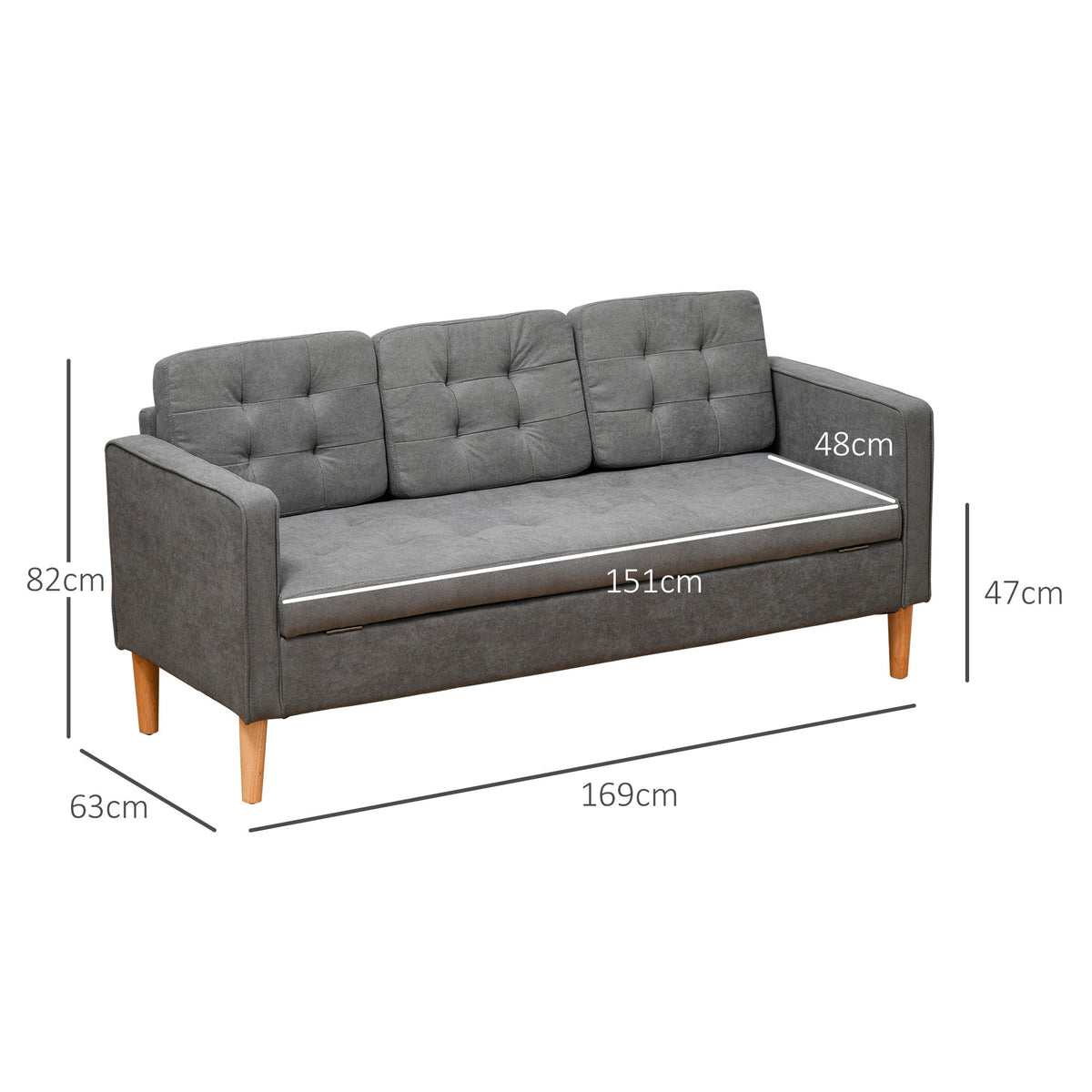 HOMCOM Modern 3 Seater Sofa with Hidden Storage, 169cm Tufted Snow Flannel Couch with Wood Legs, Compact Sofa for Living