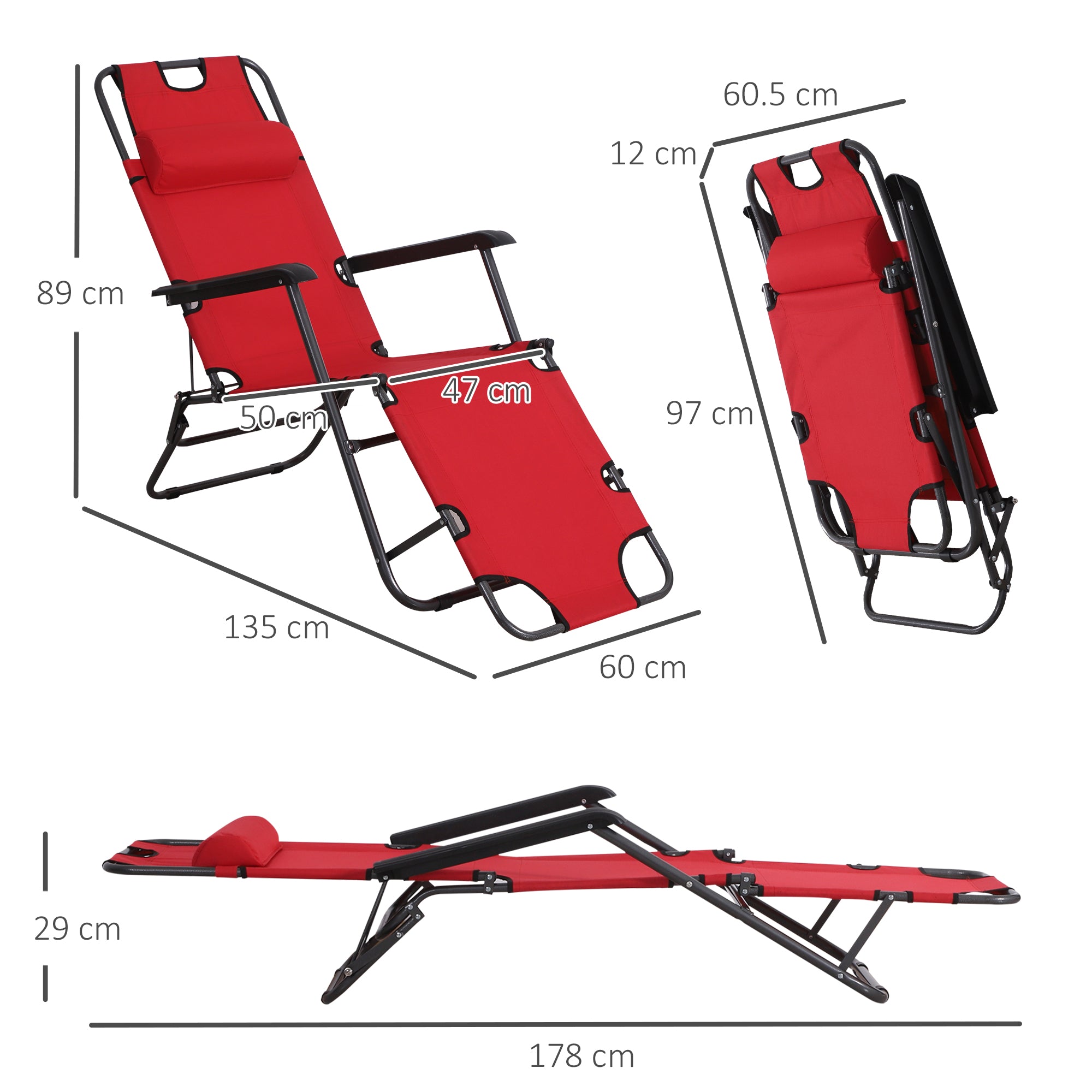 Outsunny 2 in 1 Folding Sun Lounger Reclining Garden Chair with 2-Level Adjustable Backrest, Outdoor Zero Gravity Recliner Garden Chair with Head Pillow and Armrests, Red