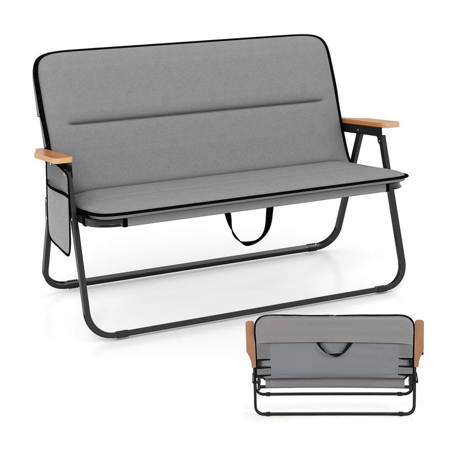 Double Camping Chair 2-Person with detachable cushion and side pocket in grey