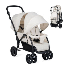 Double Pushchair with Adjustable Backrest and Sunshade shown in beige with a folded version inset