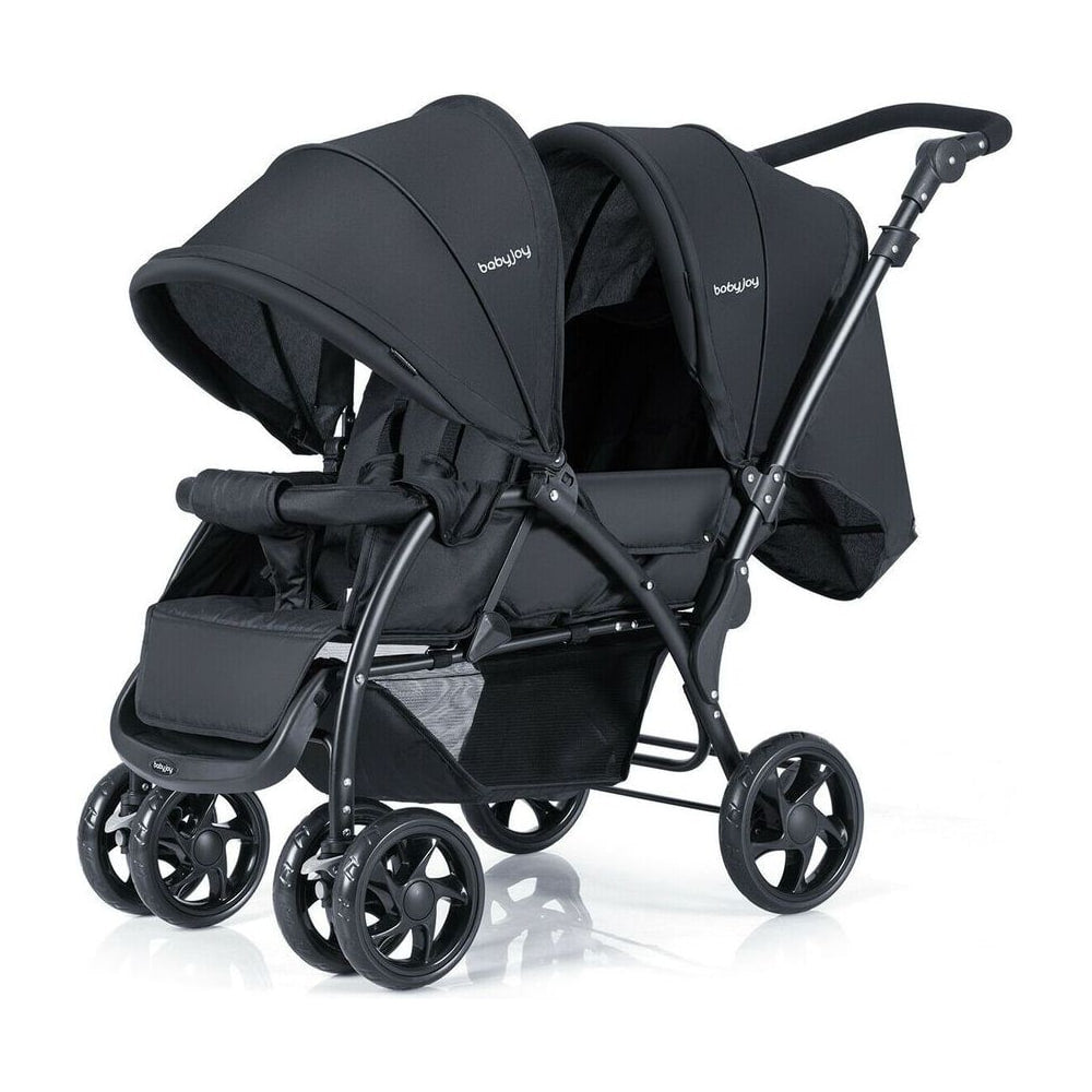 Double Pushchair with Adjustable Backrest and Sunshade in black, showing the full product from the front
