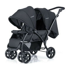 Double Pushchair with Adjustable Backrest and Sunshade in black, showing the full product from the front