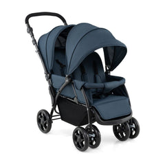 Double Pushchair with Adjustable Backrest and Sunshade in blue on a white background
