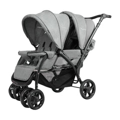 Double Pushchair with Adjustable Backrest and Sunshade in grey, showing both seats and wheels