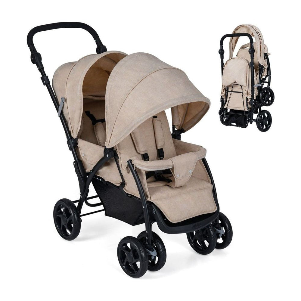 Double Pushchair with Adjustable Backrest and Sunshade in khaki, shown from the front with both seats visible
