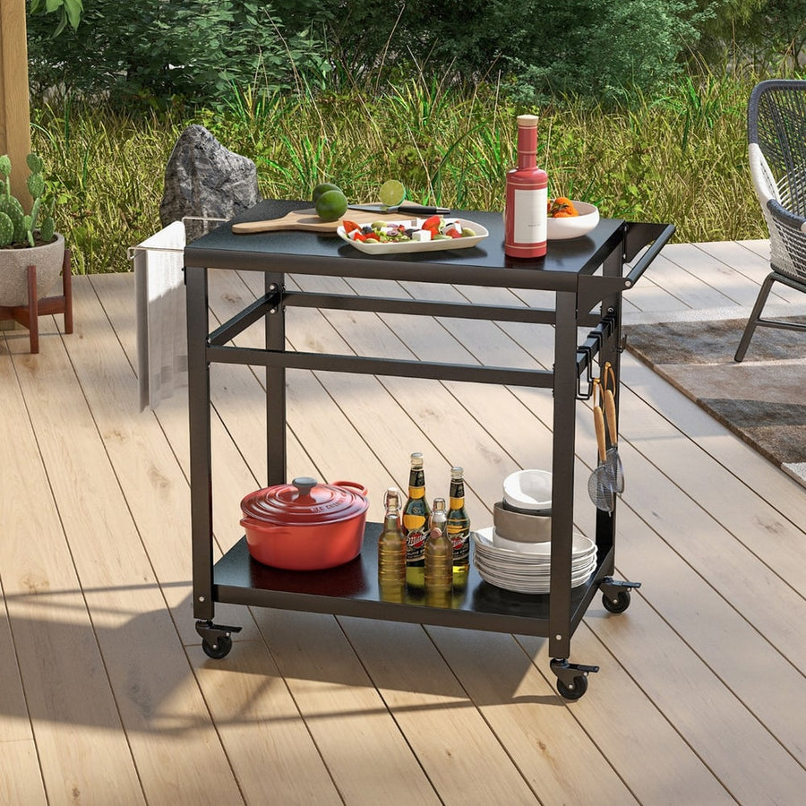 Double-Shelf Movable BBQ Cart standing on a wooden deck with food and drinks on the shelves
