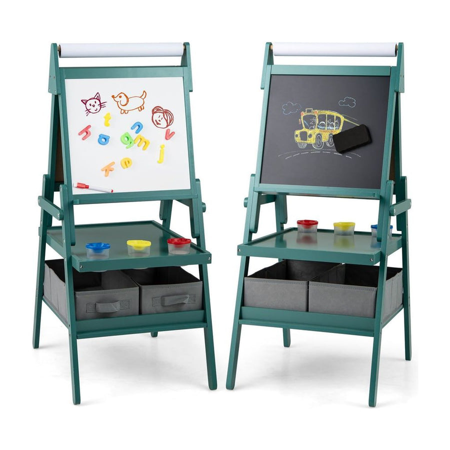 Double-sided Kids Easel with Magnetic Whiteboard and Chalkboard-Dark Green