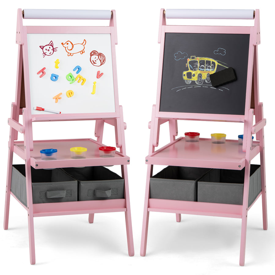 Double-sided Kids Easel with Magnetic Whiteboard and Chalkboard-Pink