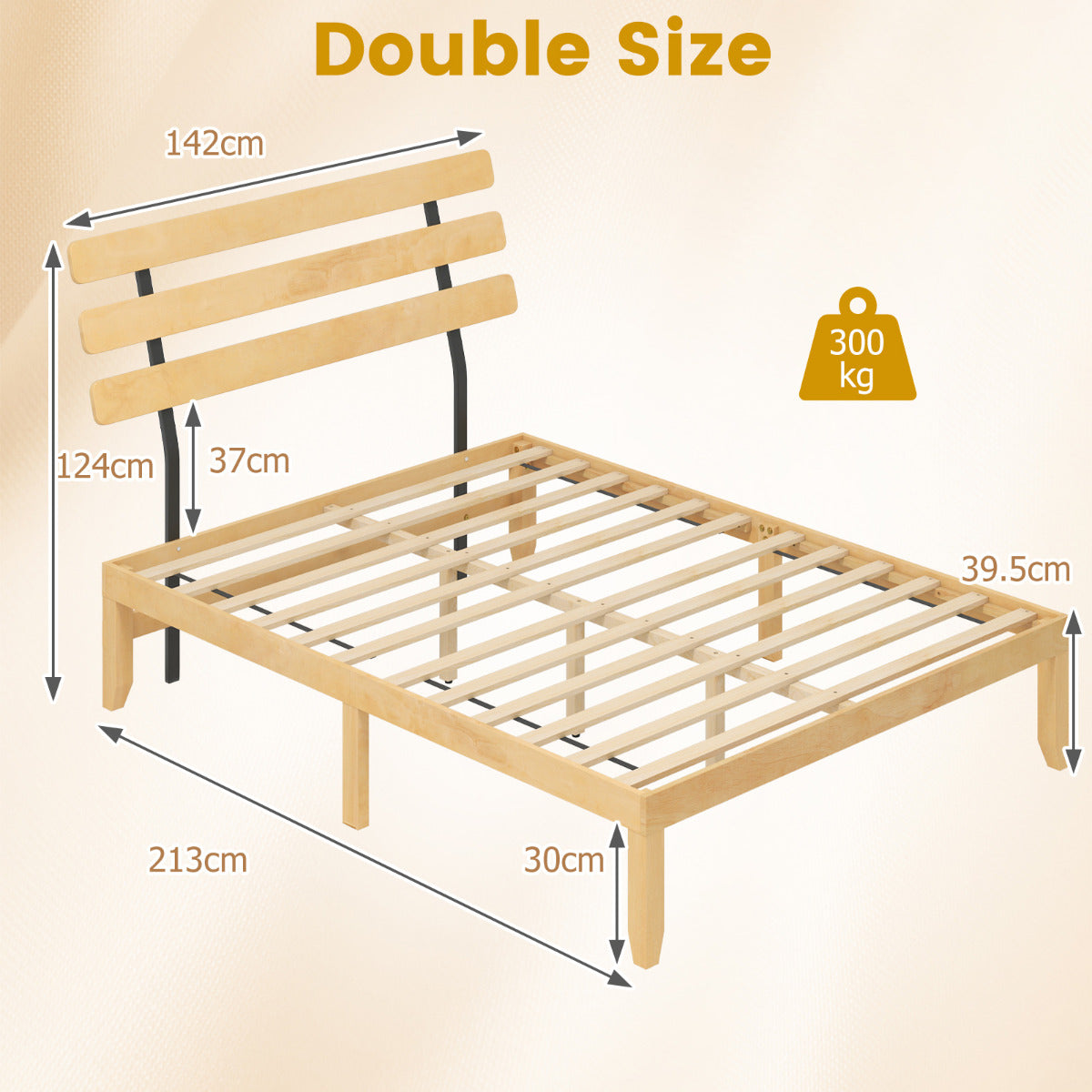 Solid Wood Platform Bed with Retro Headboard Slats Support Mattress Foundation-Natural-Double Size