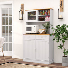 Double Tilt Out Trash Cabinet with Rubber Wood Countertop for Kitchen Dining Room-White
