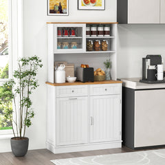 Double Tilt Out Trash Cabinet with Rubber Wood Countertop for Kitchen Dining Room-White