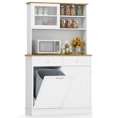 Double Tilt Out Trash Cabinet with Rubber Wood Countertop for Kitchen Dining Room-White