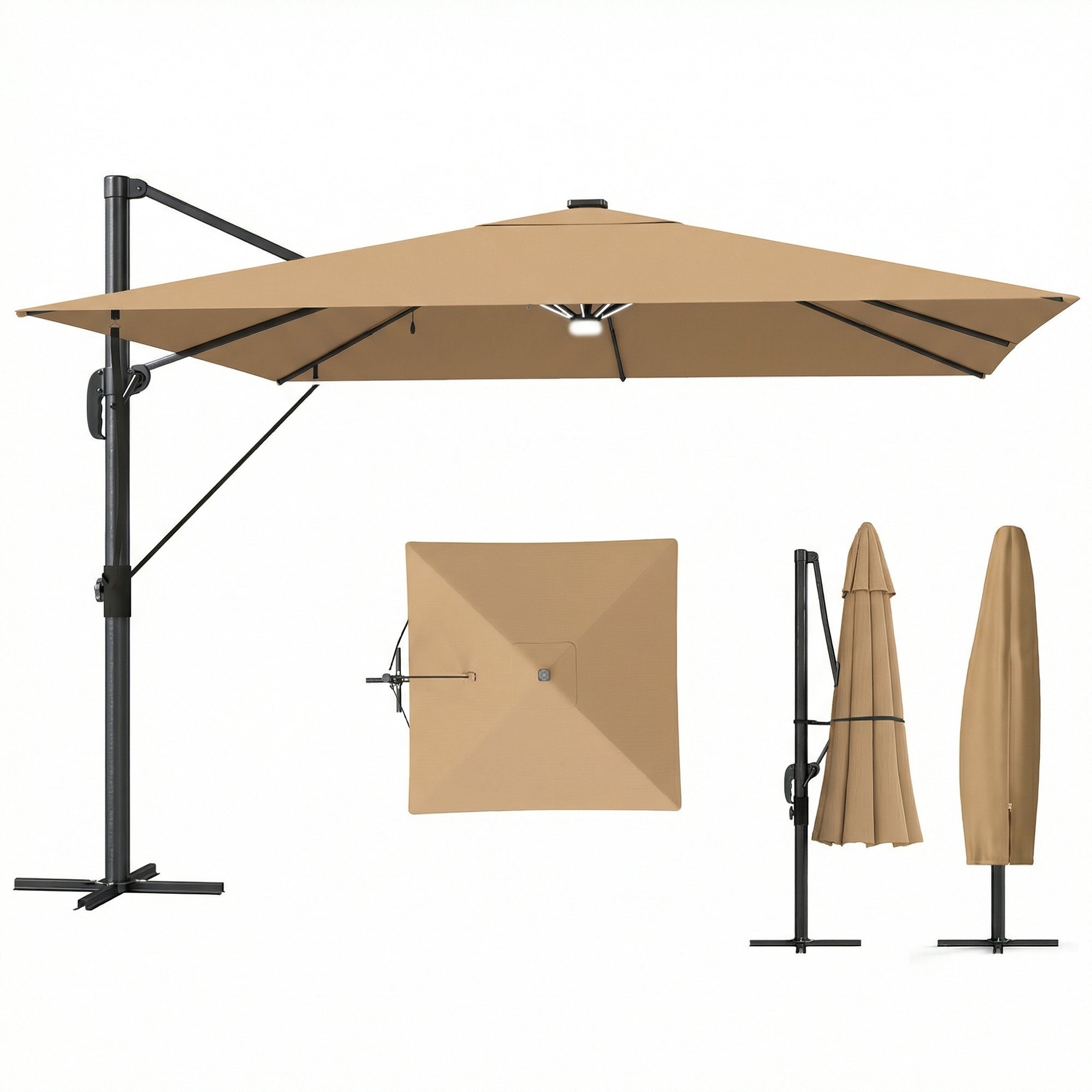 Outsunny 3 x 3 m Garden Cantilever Parasol with Light, Umbrella with Wind Protection, 360 degrees Rotation, Khaki