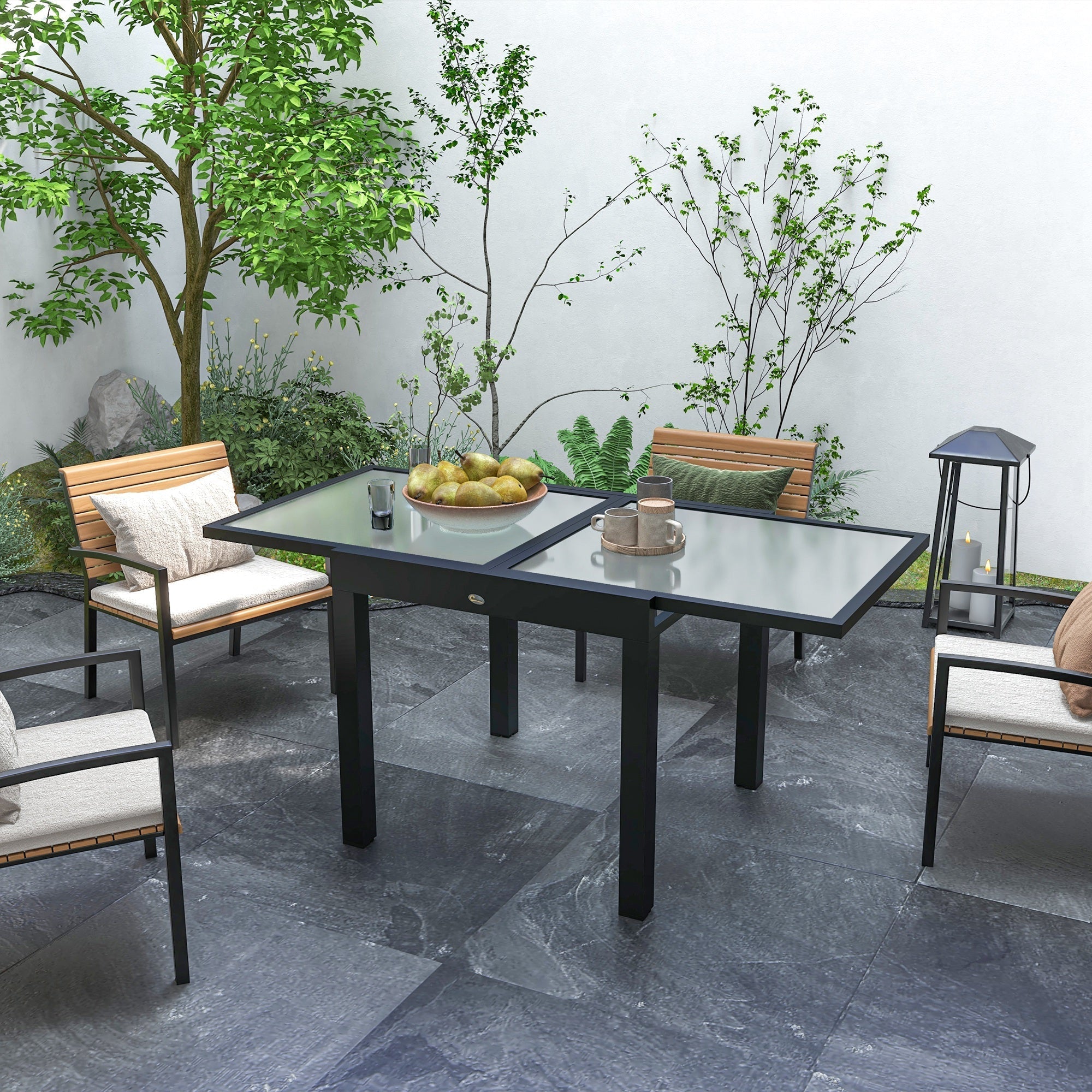Outsunny Extending Garden Table, Outdoor Dining Table with Aluminium Frame and Tempered Glass Tabletop, 80/160 x 80 x 75 cm, Black and Clear