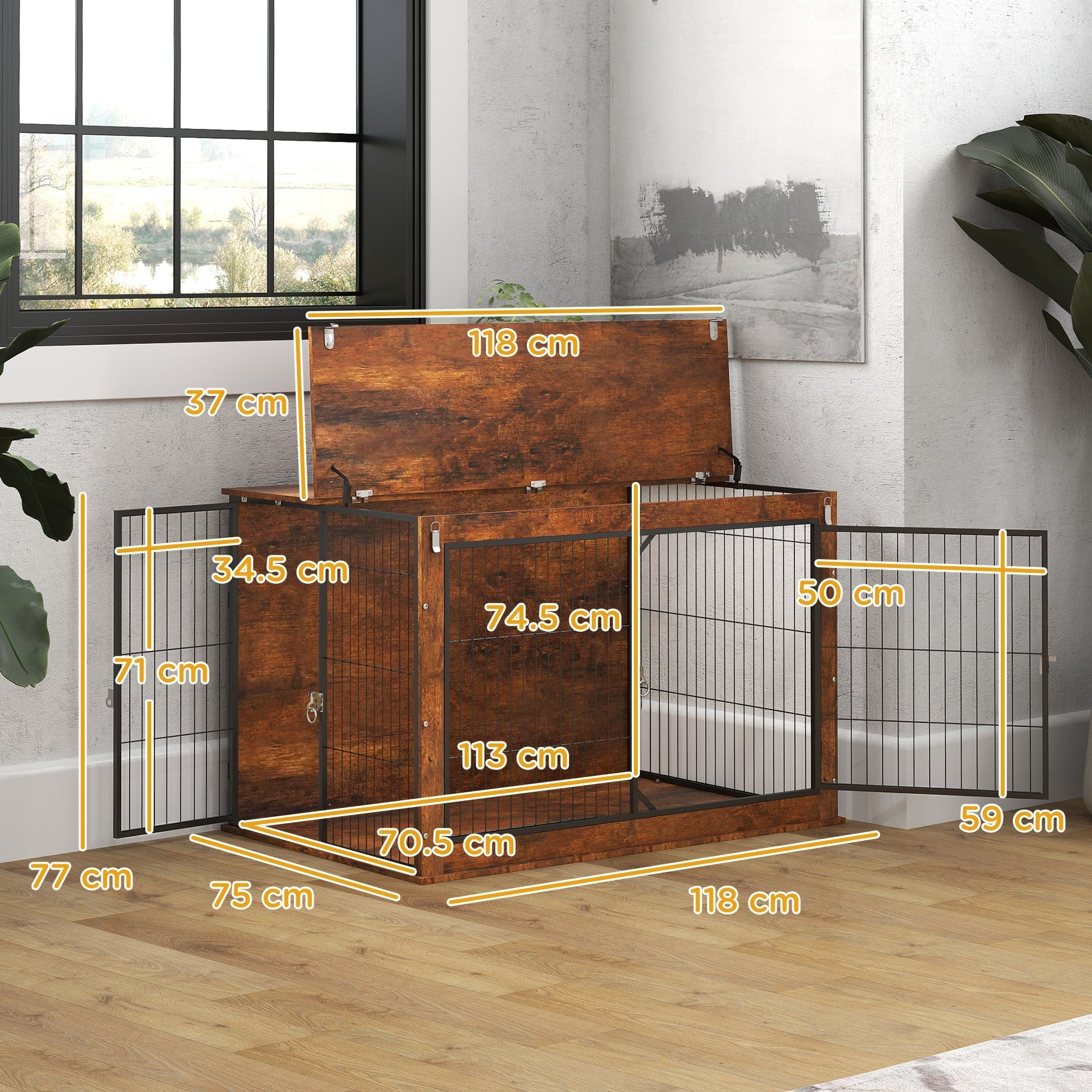 PawHut Dog Crate Furniture with Openable Top, Two Doors, for Extra Large Dogs, Rustic Brown