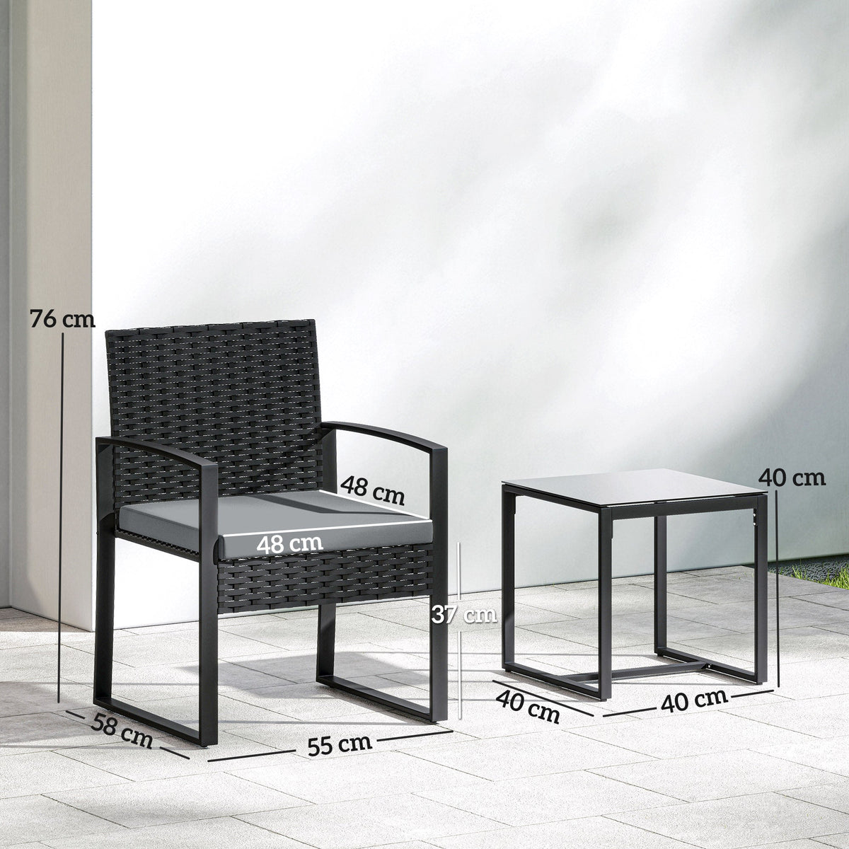 Outsunny Rattan Bistro Set, 3 Piece Garden Furniture Set with Glass Top Table and Cushions, Light Grey
