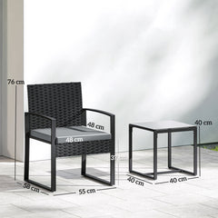 Outsunny Rattan Bistro Set, 3 Piece Garden Furniture Set with Glass Top Table and Cushions, Light Grey