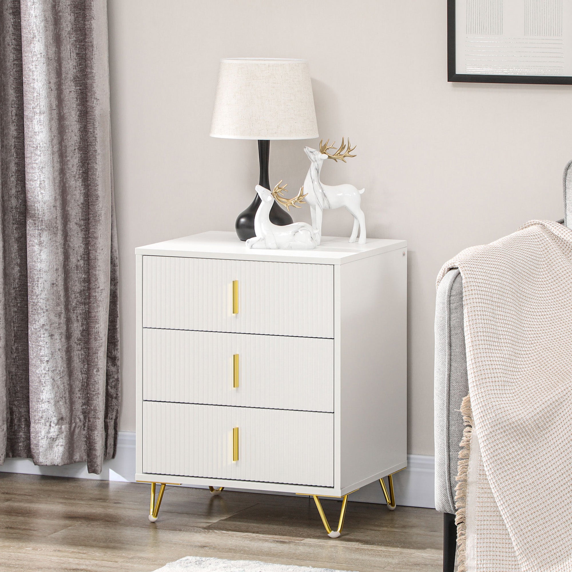 HOMCOM Set of 2 Elegant Chest of Three Drawers - White/Gold-Tone